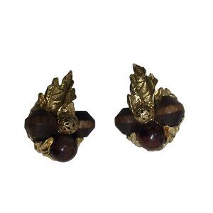 Women's Gold tone and Brown Shiny Acorn Clip on Earrings